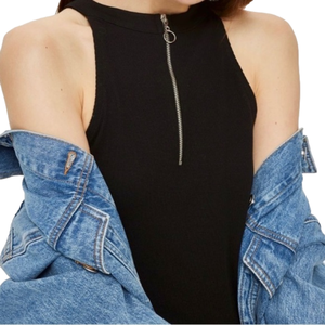 TOPSHOP Rib Knit Bodysuit with Zipper, Sleeveless, Black, Women's Size 10